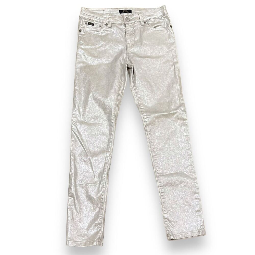 Polo Ralph Lauren Girls Tompkins Skinny Jeans 14 Silver Metallic Stretchy